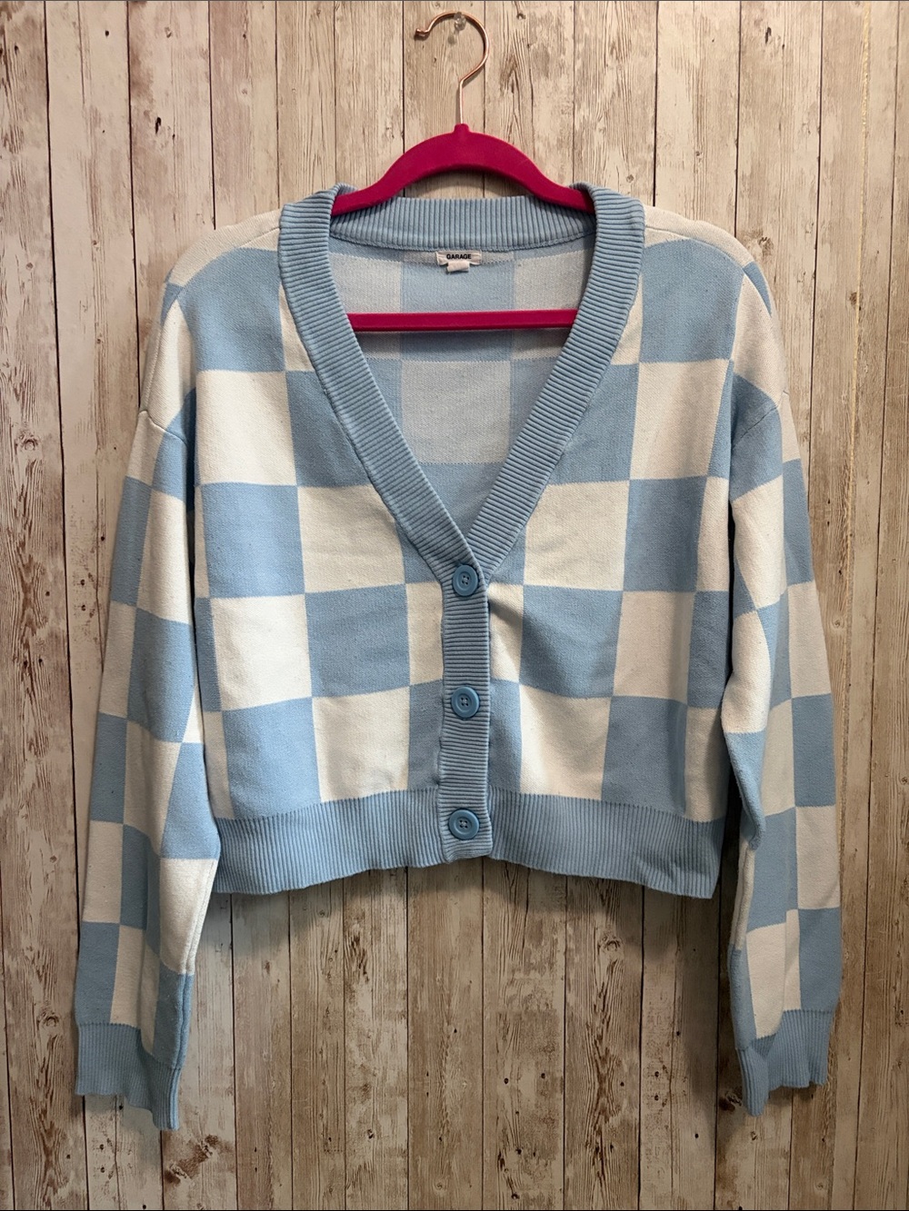 Garage Cropped V-Neck Checkerboard Cardigan Sweater